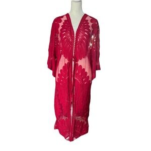 Style Apparel Red Lace Wide Sleeve Kimono Swim Cover Womens Sz S Long Line